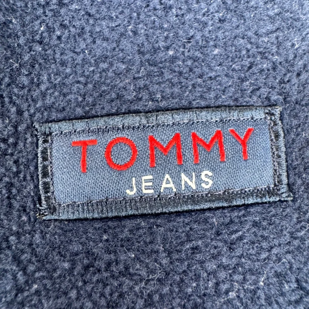 Vintage Tommy Jeans Fleece Pullover Mens Large Navy Blue 1/4 Zip Packable Hood